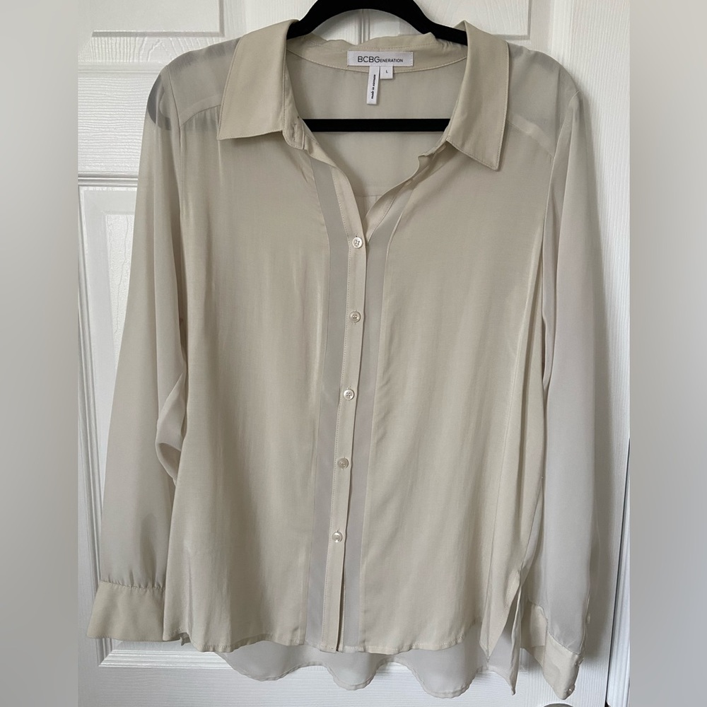 BCBGeneration Chalk Grey Sheer Blouse